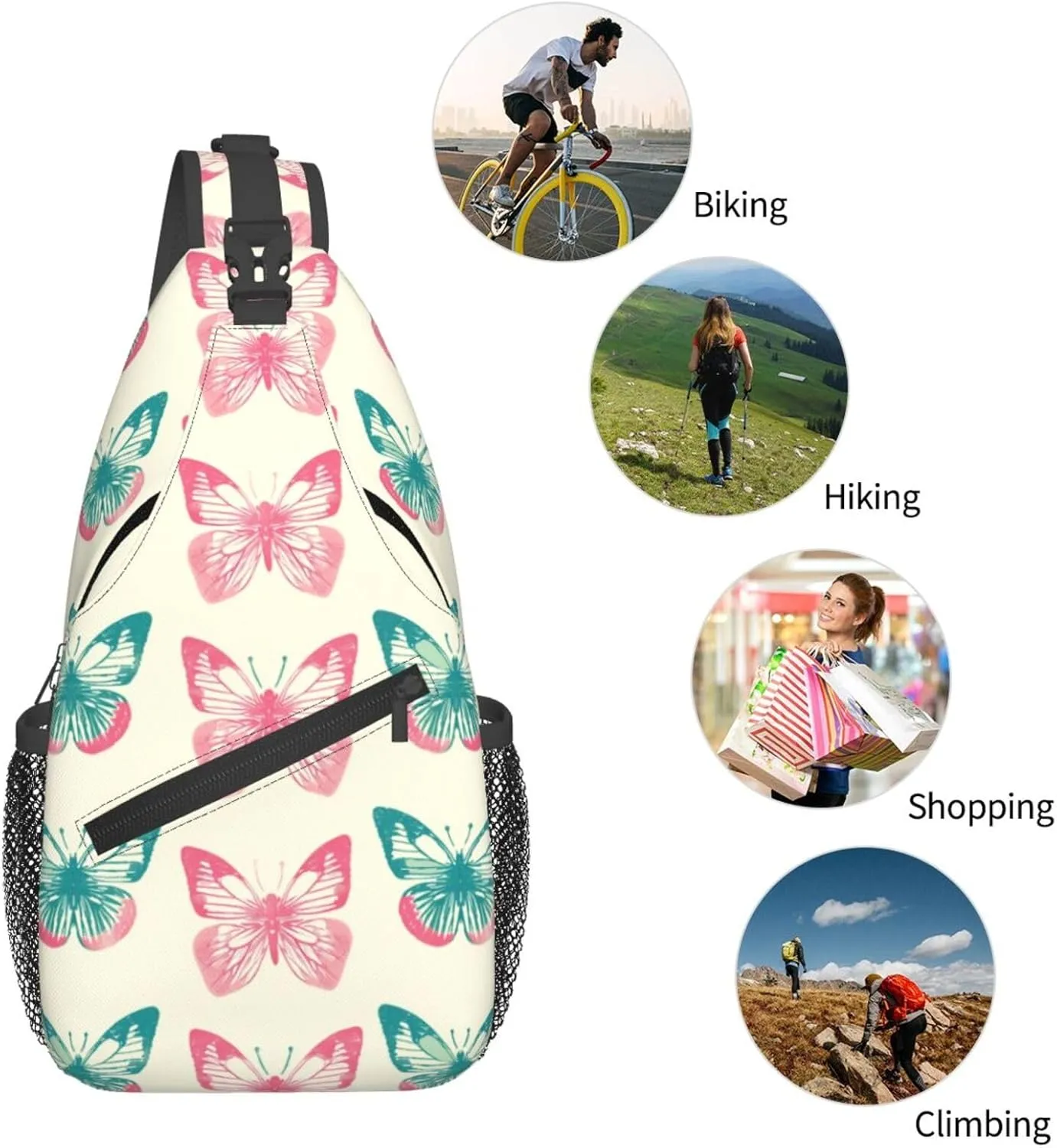 Pink Butterflies Backpack Travel Hiking Daypack Chest Bags Crossbody Shoulder Bag