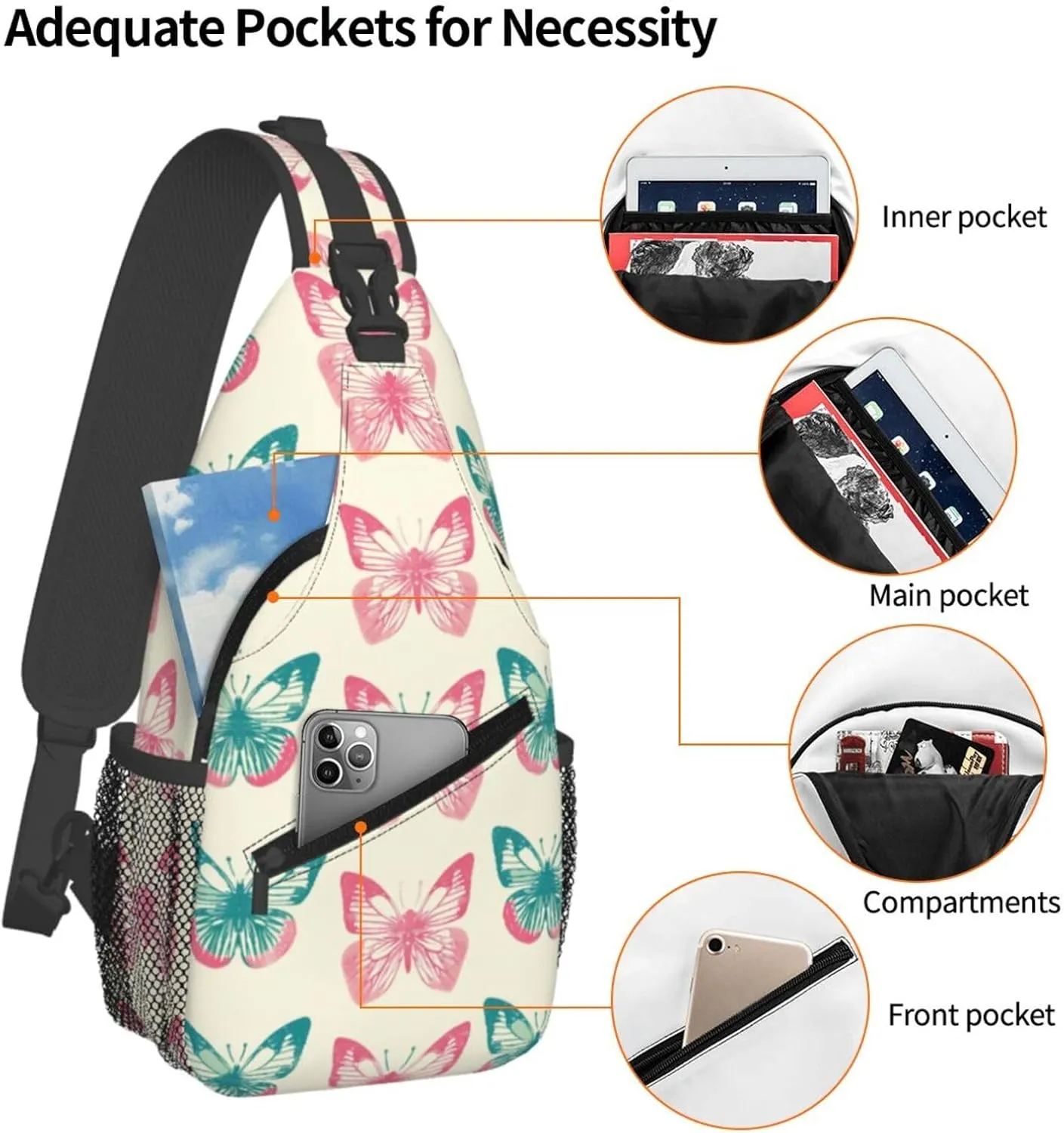 Pink Butterflies Backpack Travel Hiking Daypack Chest Bags Crossbody Shoulder Bag