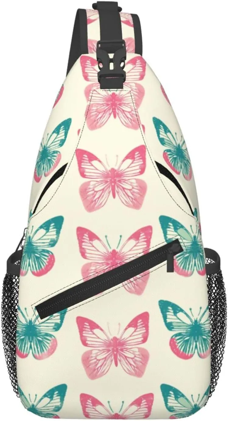 Pink Butterflies Backpack Travel Hiking Daypack Chest Bags Crossbody Shoulder Bag