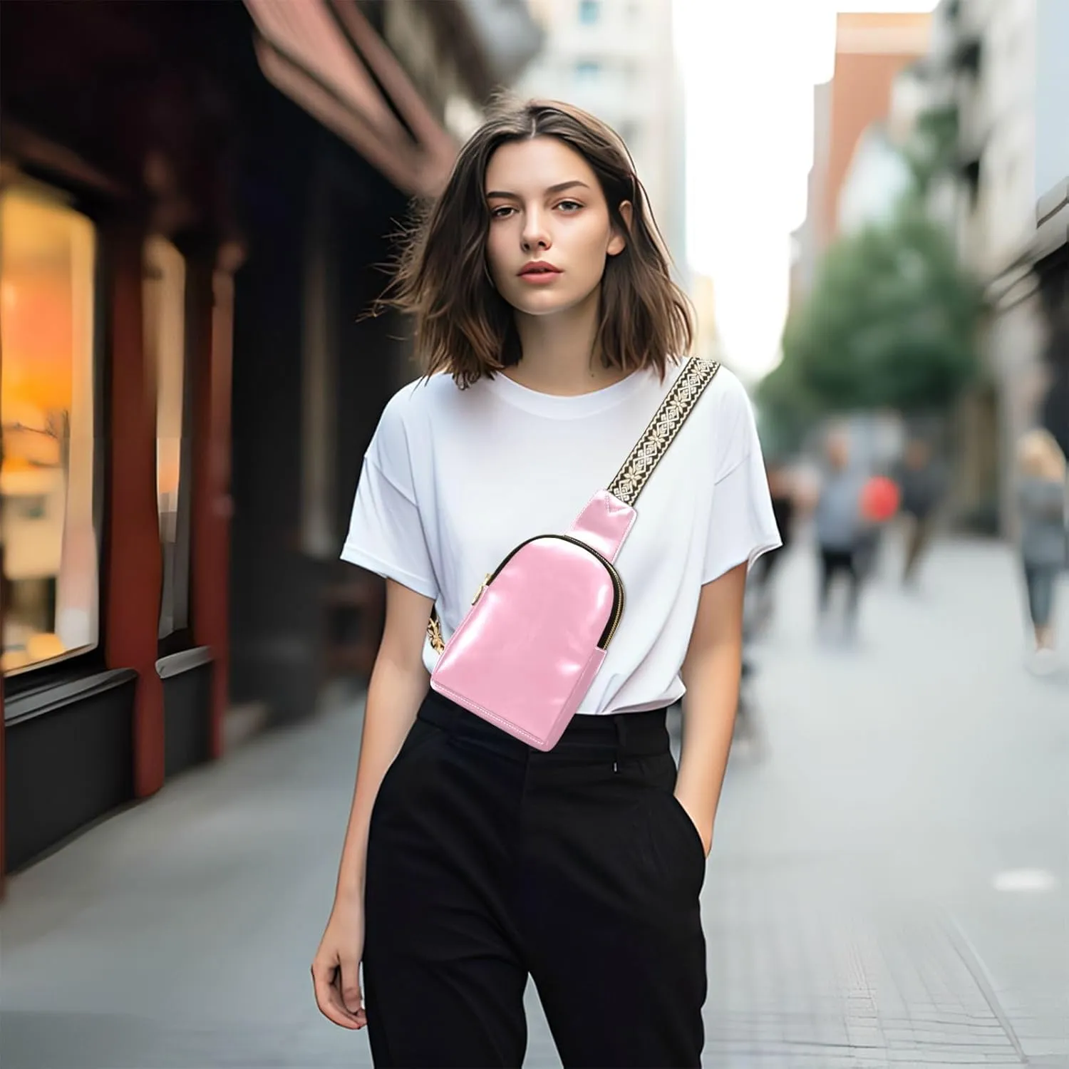 Pink Crossbody Sling Bag for Women Men Leather Chest Bags Purse Adjustable Cross Body Daypack for Hiking Cycling Running