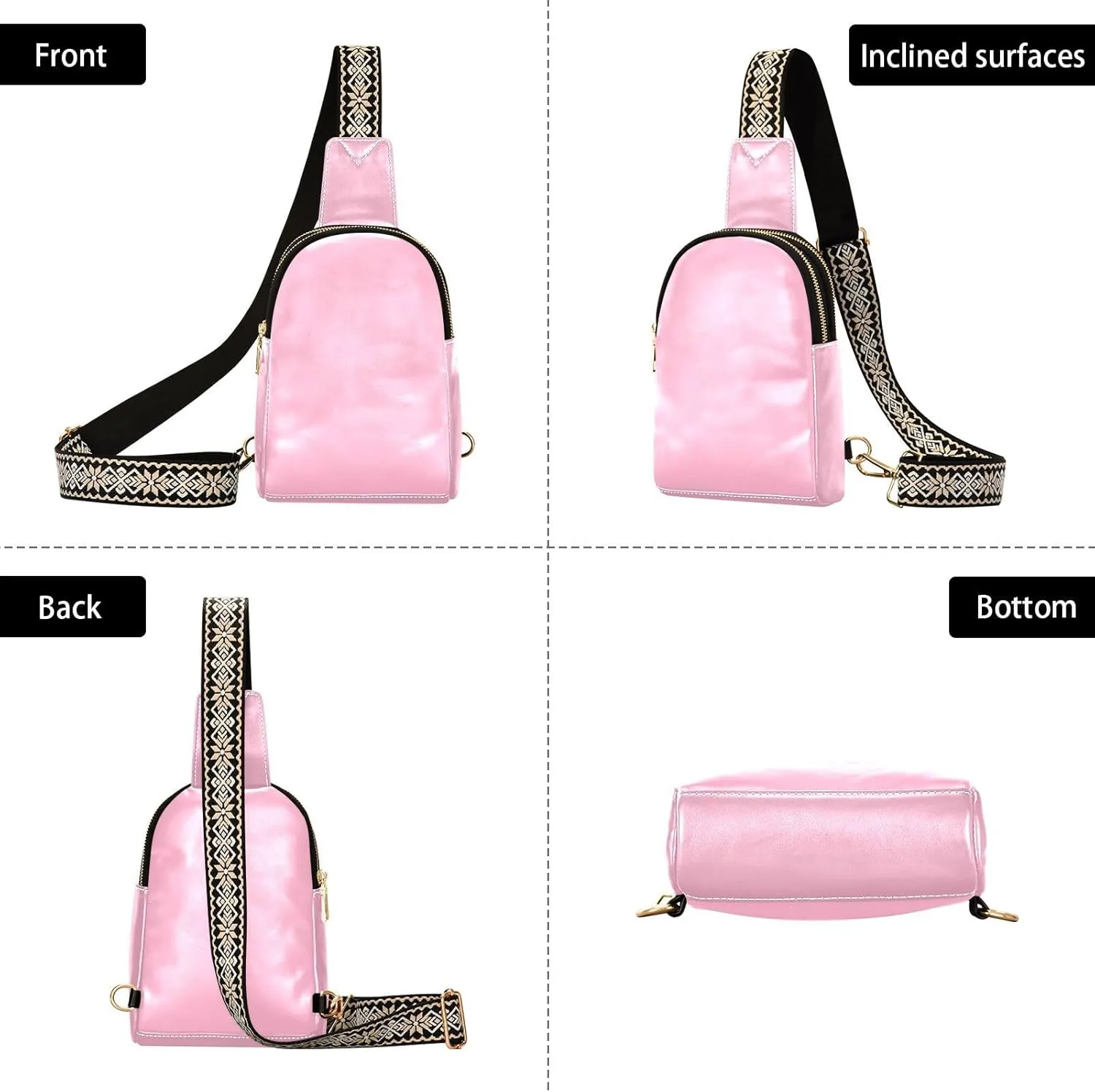Pink Crossbody Sling Bag for Women Men Leather Chest Bags Purse Adjustable Cross Body Daypack for Hiking Cycling Running