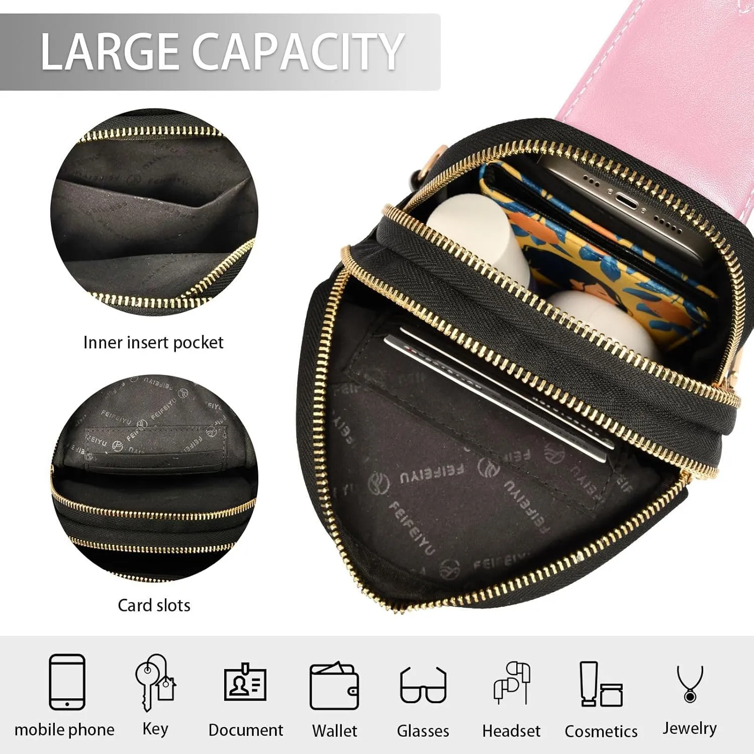 Pink Crossbody Sling Bag for Women Men Leather Chest Bags Purse Adjustable Cross Body Daypack for Hiking Cycling Running