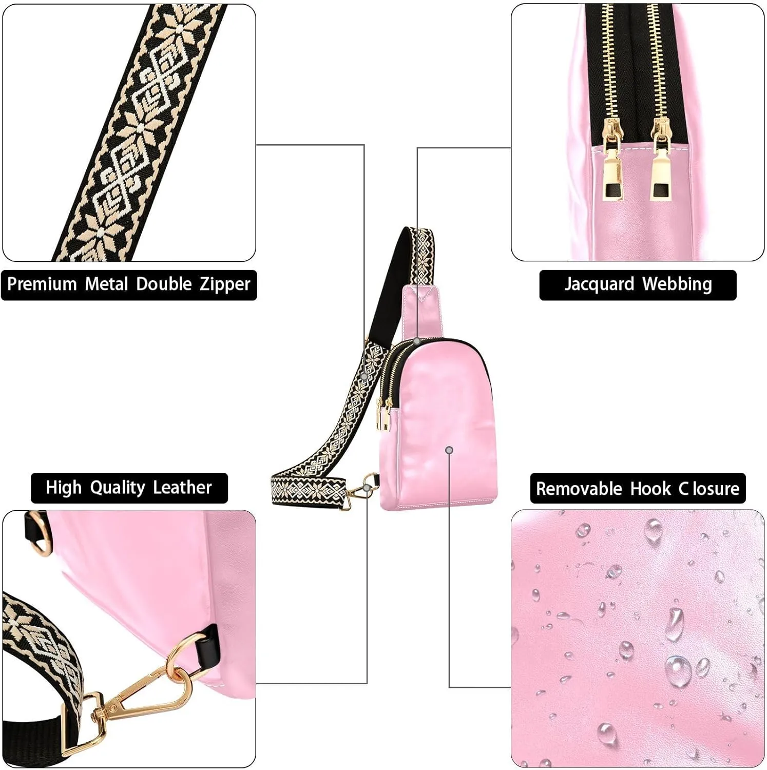Pink Crossbody Sling Bag for Women Men Leather Chest Bags Purse Adjustable Cross Body Daypack for Hiking Cycling Running