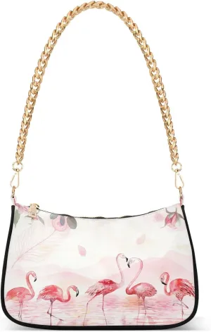Pink Flamingos Shoulder Handbags for Women Travel Hobo Tote Handbag Women Gold Chain Shoulder Bags Purse with Zipper Closure