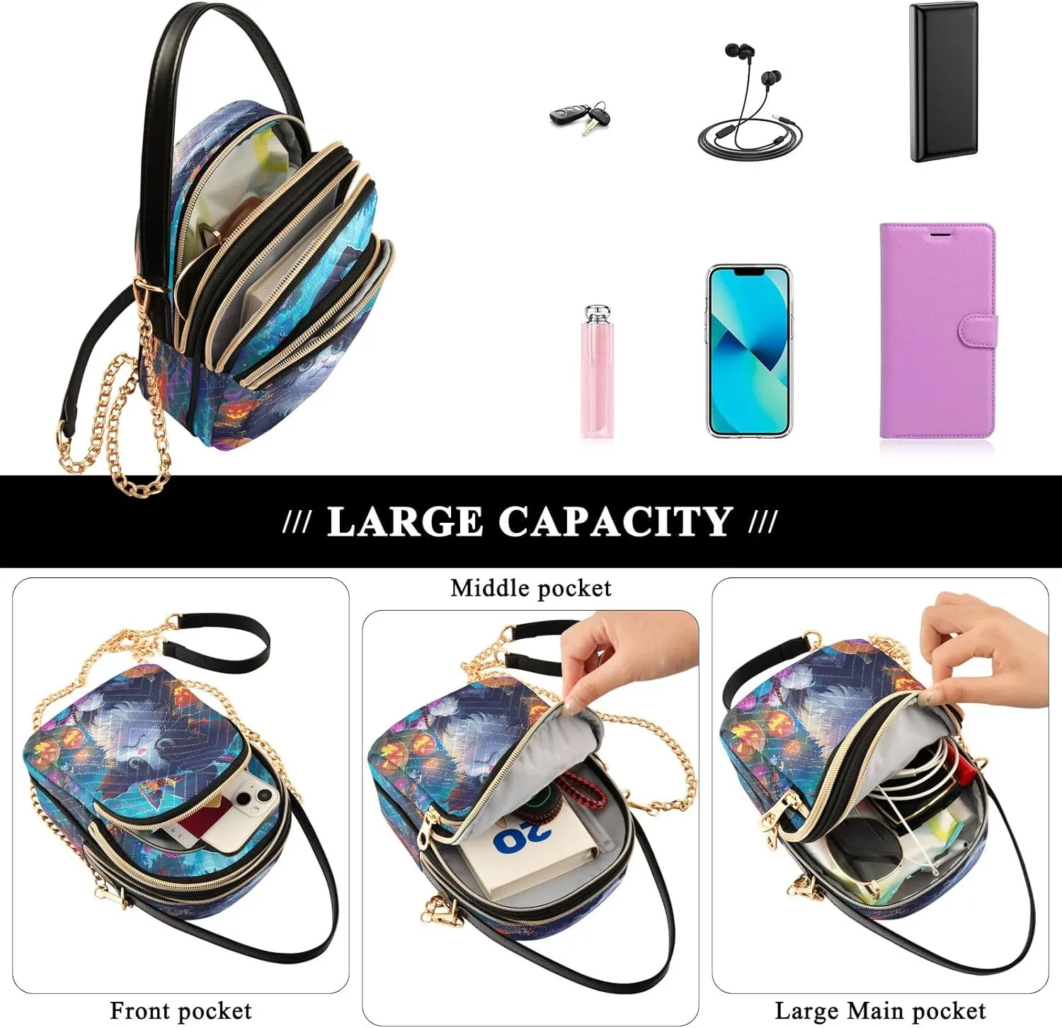Pink Floral Koala Cross Body Bags Triple Zip Women's Crossbody Handbags, Work Bags for Women