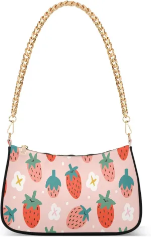 Pink Strawberry Fruits Shoulder Handbags for Women Travel Hobo Tote Handbag Women Gold Chain Shoulder Bags Purse with Zipper Closure