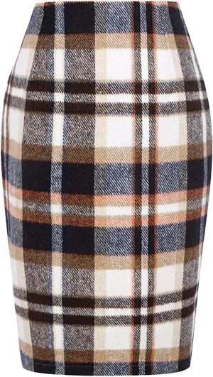 Plaid Skirt for Women 2024 Fall Fashion Knee Length Cotton Linen Midi Skirt High Waisted Pencil Skirt