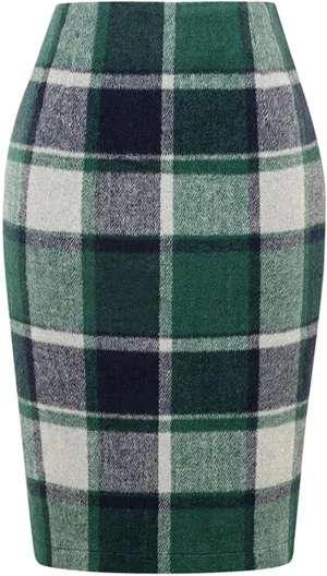 Plaid Skirts for Women Trendy Midi Skirt High Waisted Bodycon Pencil Wool Skirts A Lined Short Skirts Womens Fashion Knee Length Flannel Skirts Cruise Essentials Outfits(D Dark Green,L)