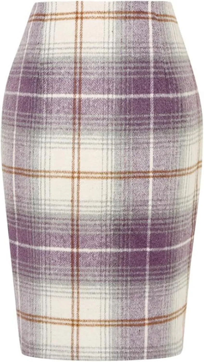 Plaid Skirts for Women Trendy Midi Skirt High Waisted Bodycon Pencil Wool Skirts A Lined Short Skirts Womens Fashion Knee Length Flannel Skirts Cruise Essentials Outfits(D Light Purple,M)