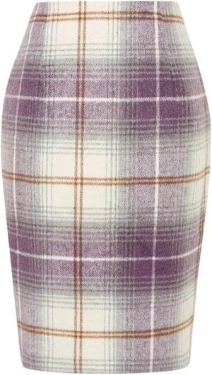 Plaid Skirts for Women Trendy Midi Skirt High Waisted Bodycon Pencil Wool Skirts A Lined Short Skirts Womens Fashion Knee Length Flannel Skirts Cruise Essentials Outfits(D Light Purple,M)