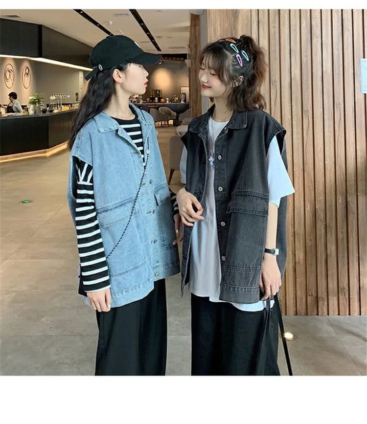Plus Size Denim Vest Women College ins Korean Student Loose Sleeveless Outerwear