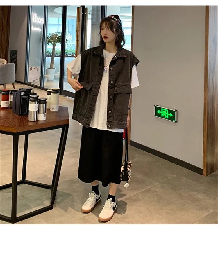 Plus Size Denim Vest Women College ins Korean Student Loose Sleeveless Outerwear