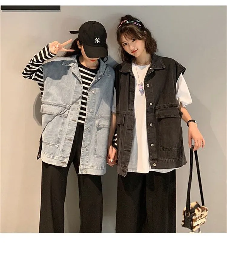 Plus Size Denim Vest Women College ins Korean Student Loose Sleeveless Outerwear