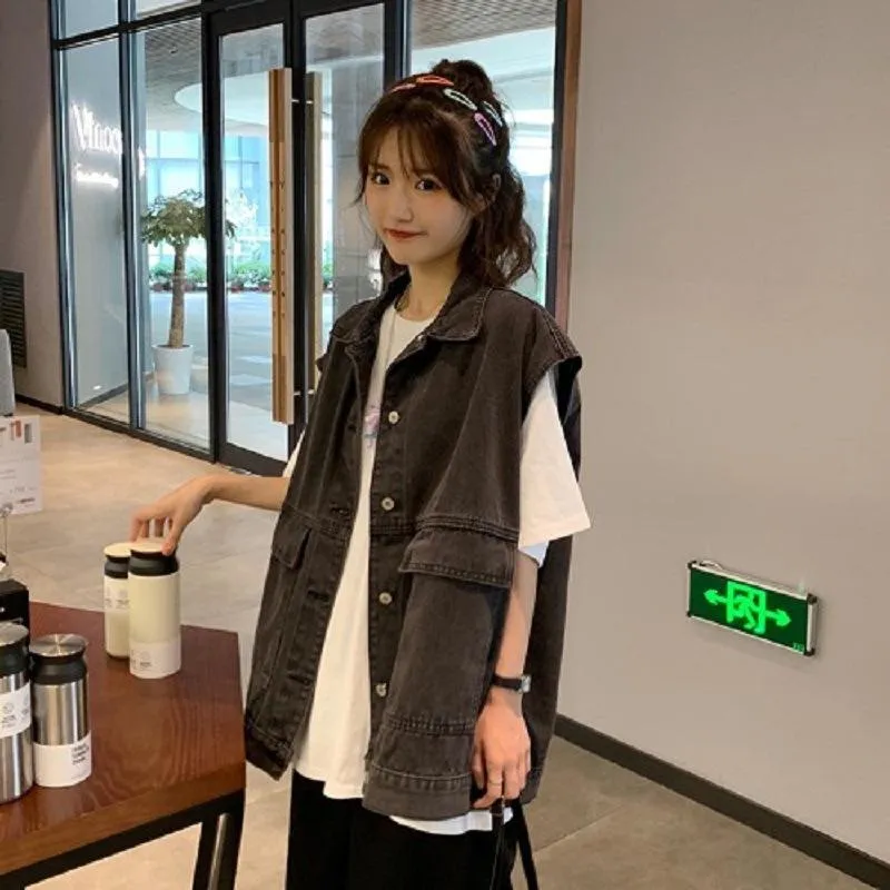 Plus Size Denim Vest Women College ins Korean Student Loose Sleeveless Outerwear