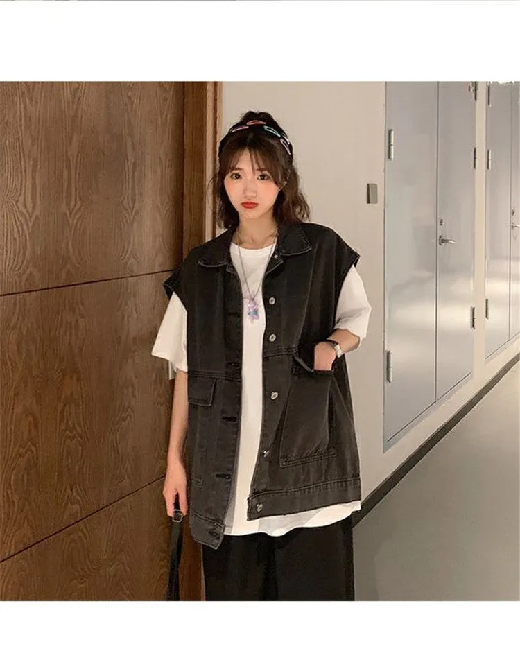 Plus Size Denim Vest Women College ins Korean Student Loose Sleeveless Outerwear