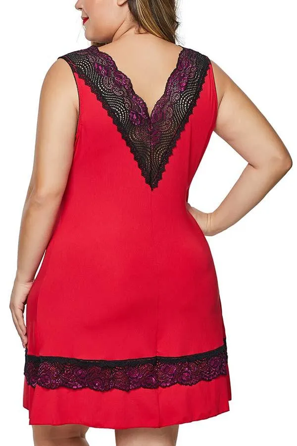 Plus Size Scalloped Floral Lace V Neck Babydoll Set