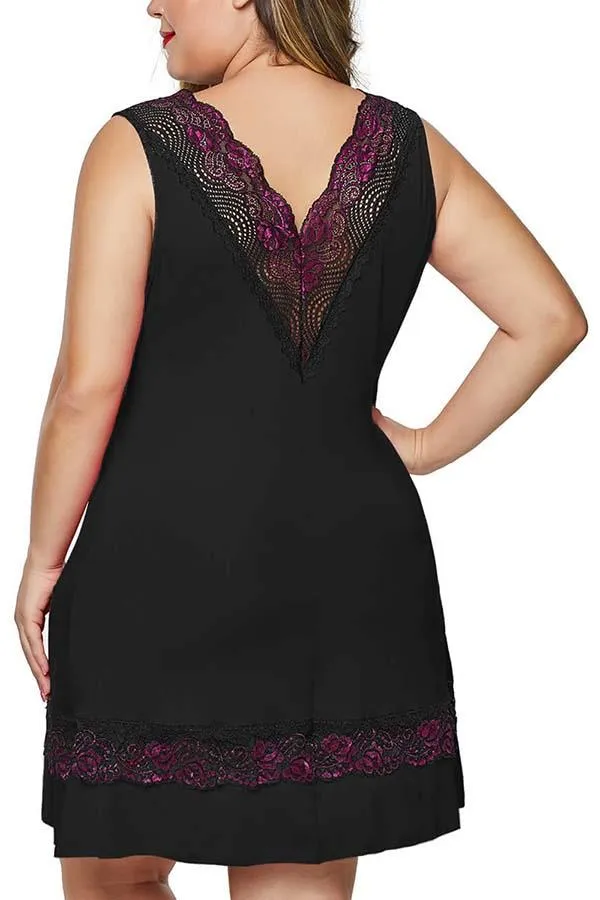 Plus Size Scalloped Floral Lace V Neck Babydoll Set