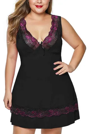 Plus Size Scalloped Floral Lace V Neck Babydoll Set