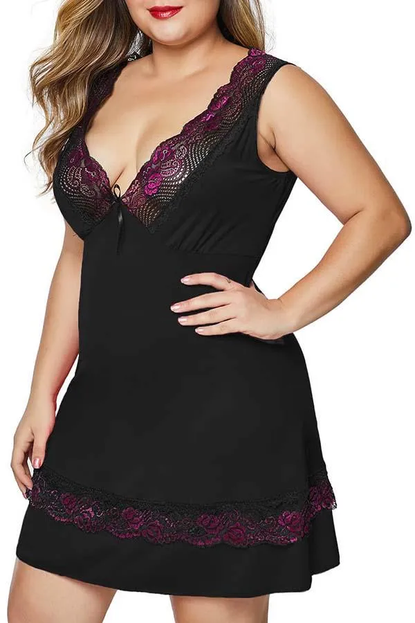 Plus Size Scalloped Floral Lace V Neck Babydoll Set