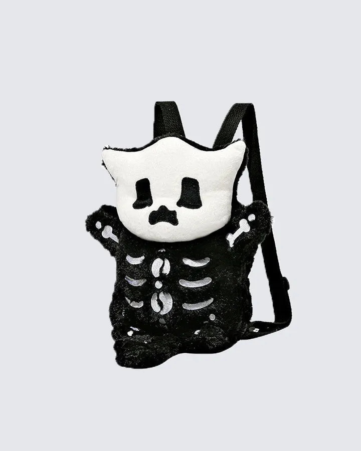 Plush Skeleton Cat Backpack with Cute Face