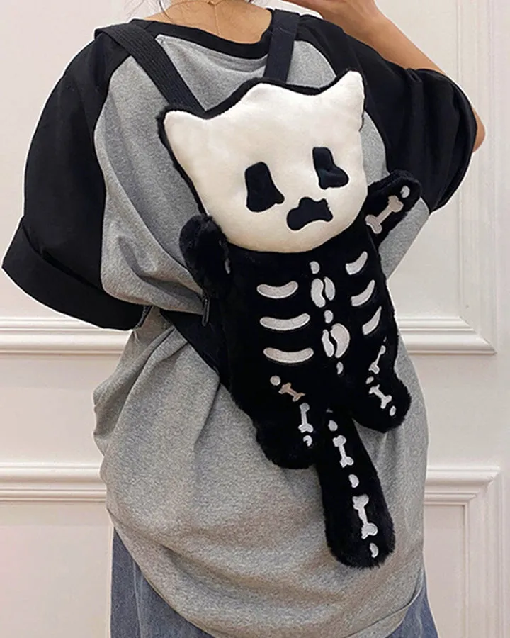 Plush Skeleton Cat Backpack with Cute Face