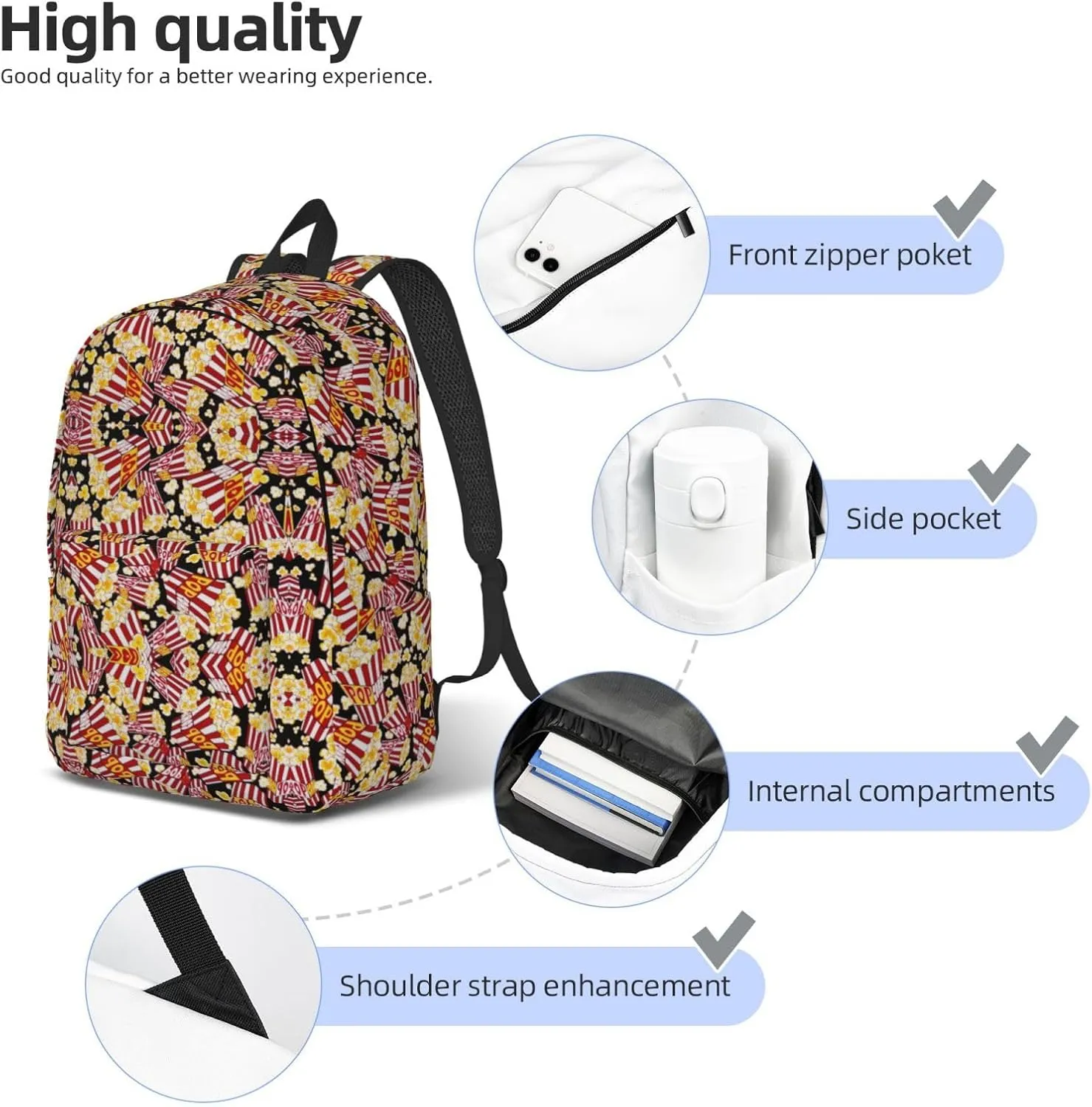 Popcorn Print Print Canvas Backpack Women,Mens Travel Casual Daypack Bookbag For Laptop Work Travel Hiking