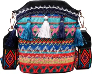 Popular Causal Crossbody Bags Women Ethnic Tassel Sling Handbag Small Canvas Shoulder Bag Messenger (Black, One Size)