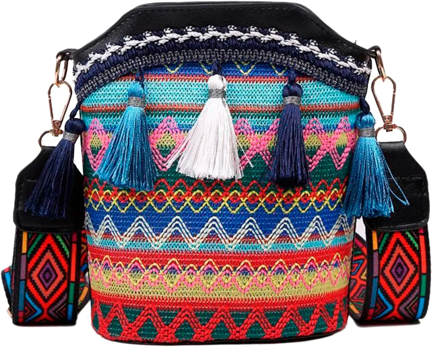 Popular Causal Crossbody Bags Women Ethnic Tassel Sling Handbag Small Canvas Shoulder Bag Messenger (Black, One Size)