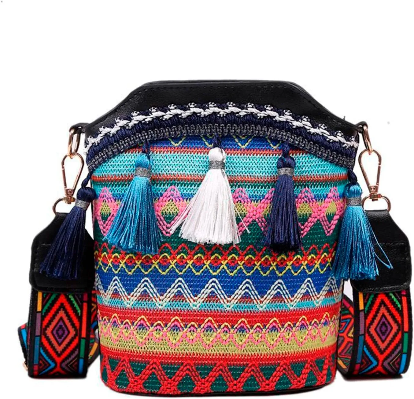 Popular Causal Crossbody Bags Women Ethnic Tassel Sling Handbag Small Canvas Shoulder Bag Messenger (Black, One Size)