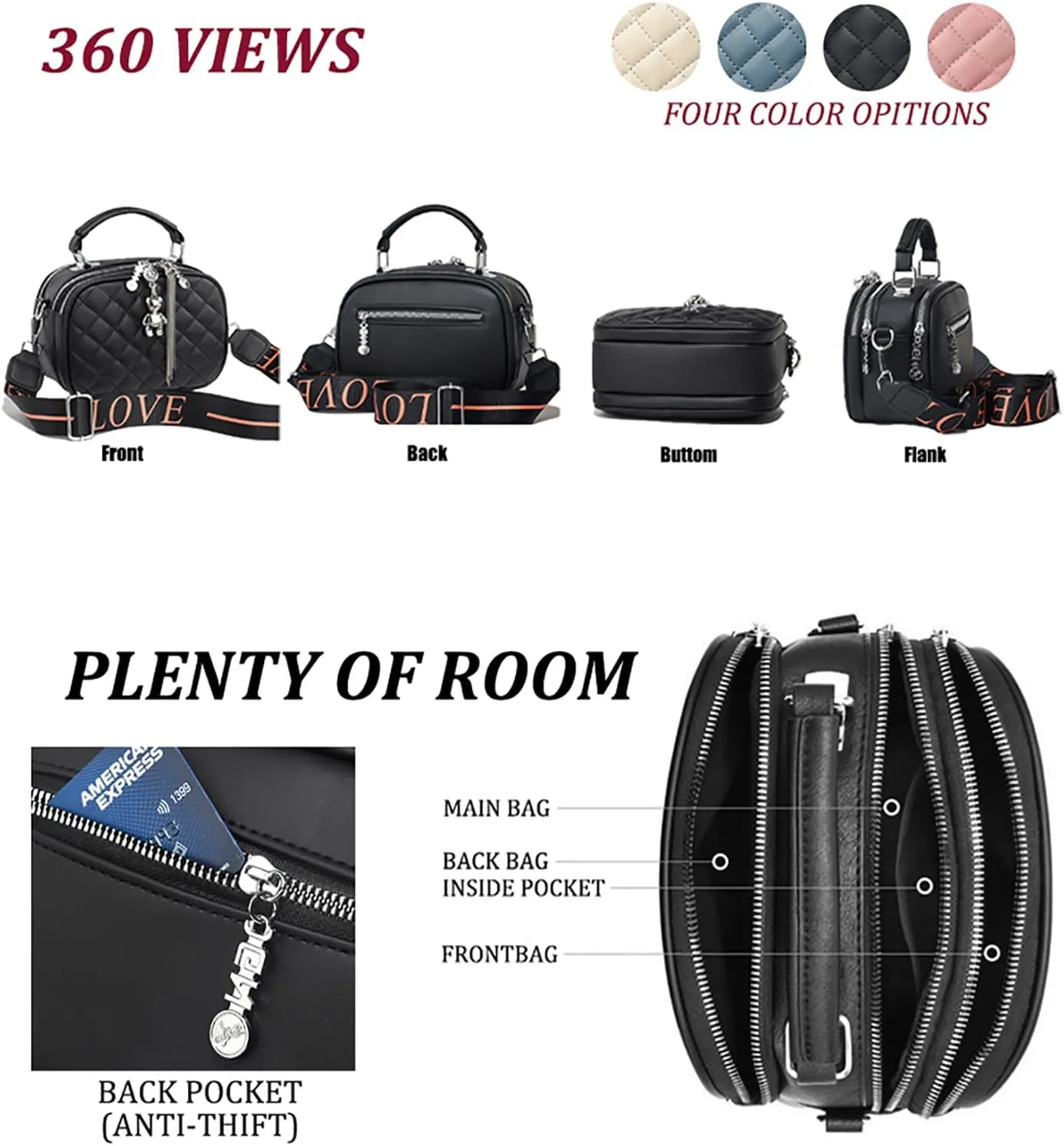 PORT&LOTUS Small Anti Theft Quilted Crossbody Purses for Women Pockets Zipper Shoulder Bags for Women