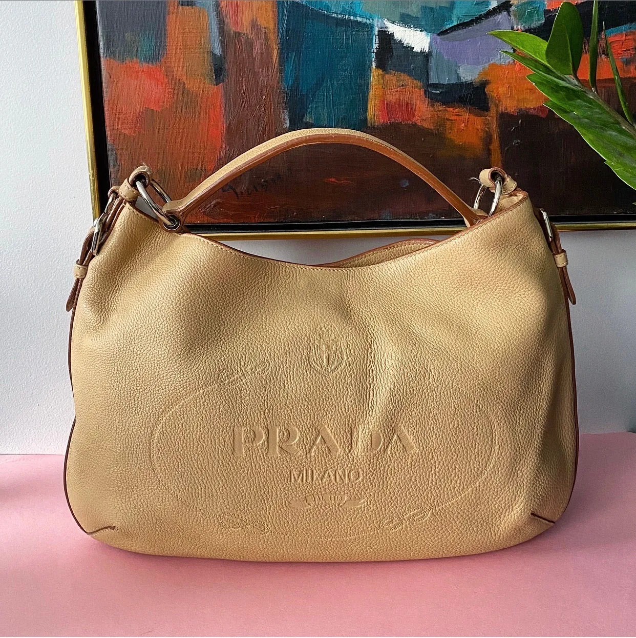 Prada Beige Logo Imprinted Leather Hobo Shoulder Bag