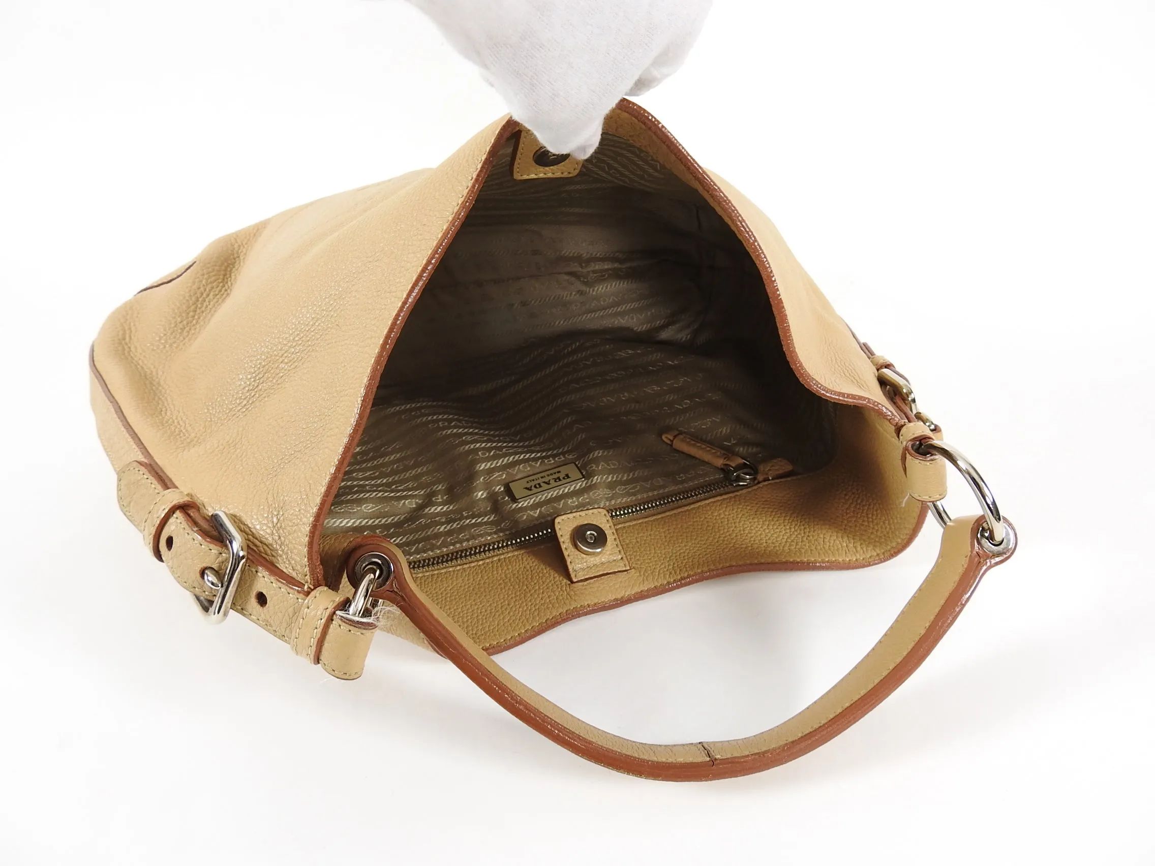 Prada Beige Logo Imprinted Leather Hobo Shoulder Bag
