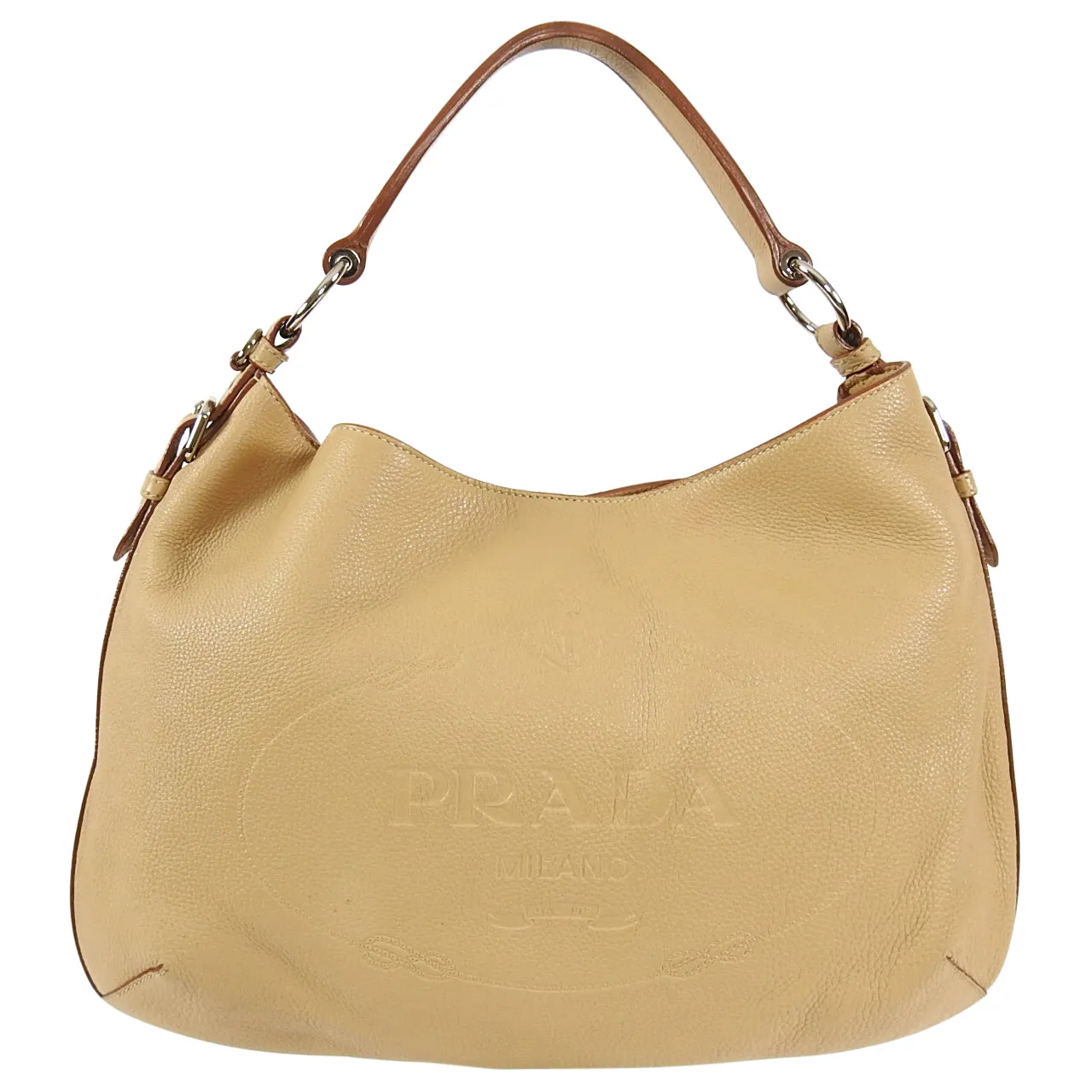 Prada Beige Logo Imprinted Leather Hobo Shoulder Bag