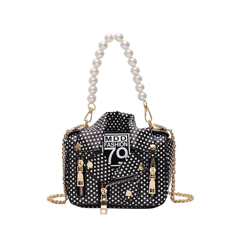 PU Leather Polka Dot & Pearls Biker Jacket Style Crossbody Handbag Womens Accessories