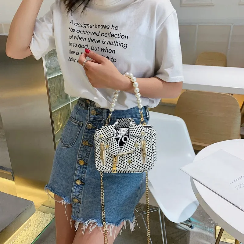 PU Leather Polka Dot & Pearls Biker Jacket Style Crossbody Handbag Womens Accessories