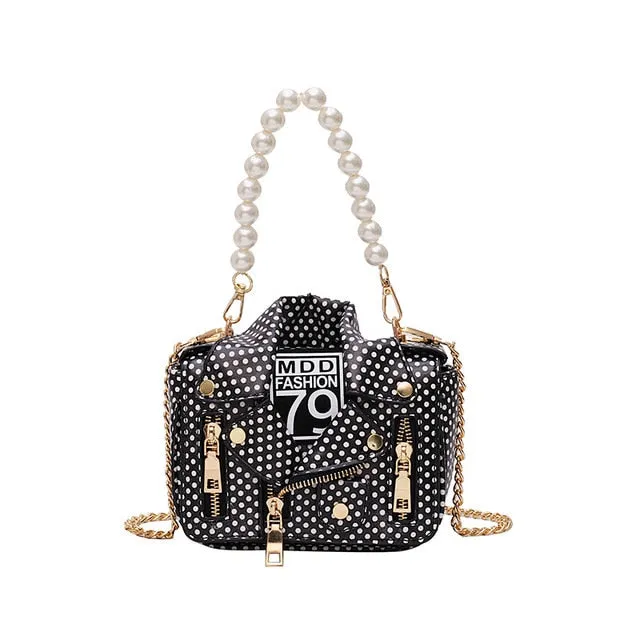 PU Leather Polka Dot & Pearls Biker Jacket Style Crossbody Handbag Womens Accessories