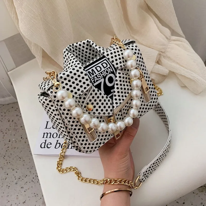 PU Leather Polka Dot & Pearls Biker Jacket Style Crossbody Handbag Womens Accessories