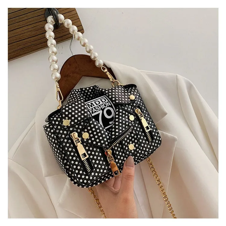 PU Leather Polka Dot & Pearls Biker Jacket Style Crossbody Handbag Womens Accessories