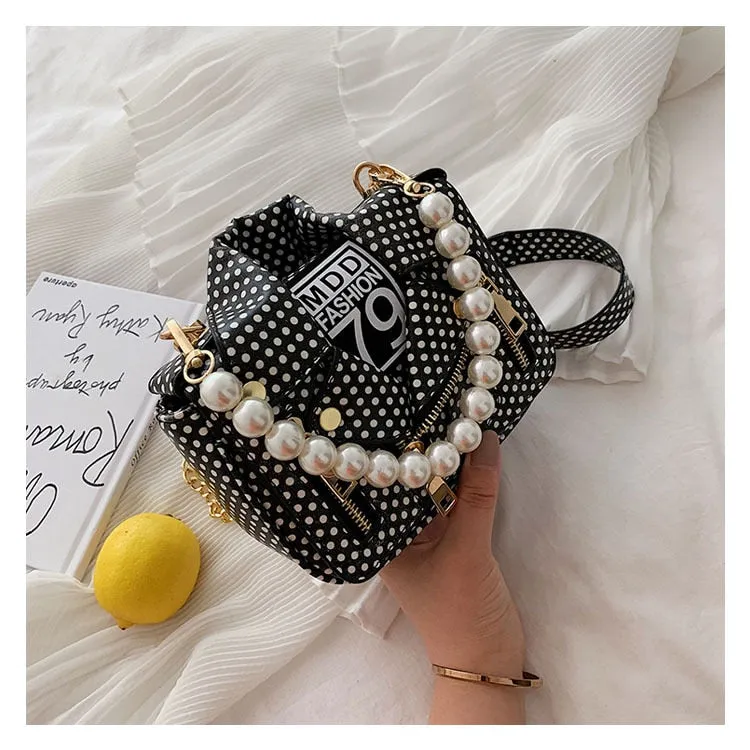 PU Leather Polka Dot & Pearls Biker Jacket Style Crossbody Handbag Womens Accessories