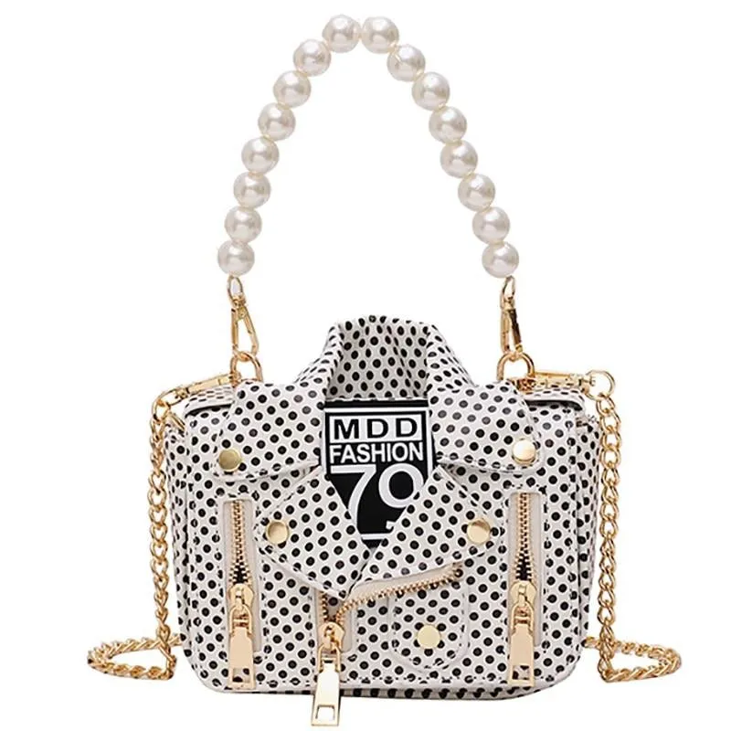 PU Leather Polka Dot & Pearls Biker Jacket Style Crossbody Handbag Womens Accessories