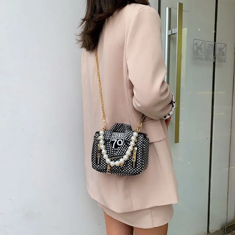PU Leather Polka Dot & Pearls Biker Jacket Style Crossbody Handbag Womens Accessories