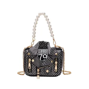 PU Leather Polka Dot & Pearls Biker Jacket Style Crossbody Handbag Womens Accessories