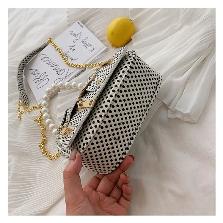 PU Leather Polka Dot & Pearls Biker Jacket Style Crossbody Handbag Womens Accessories