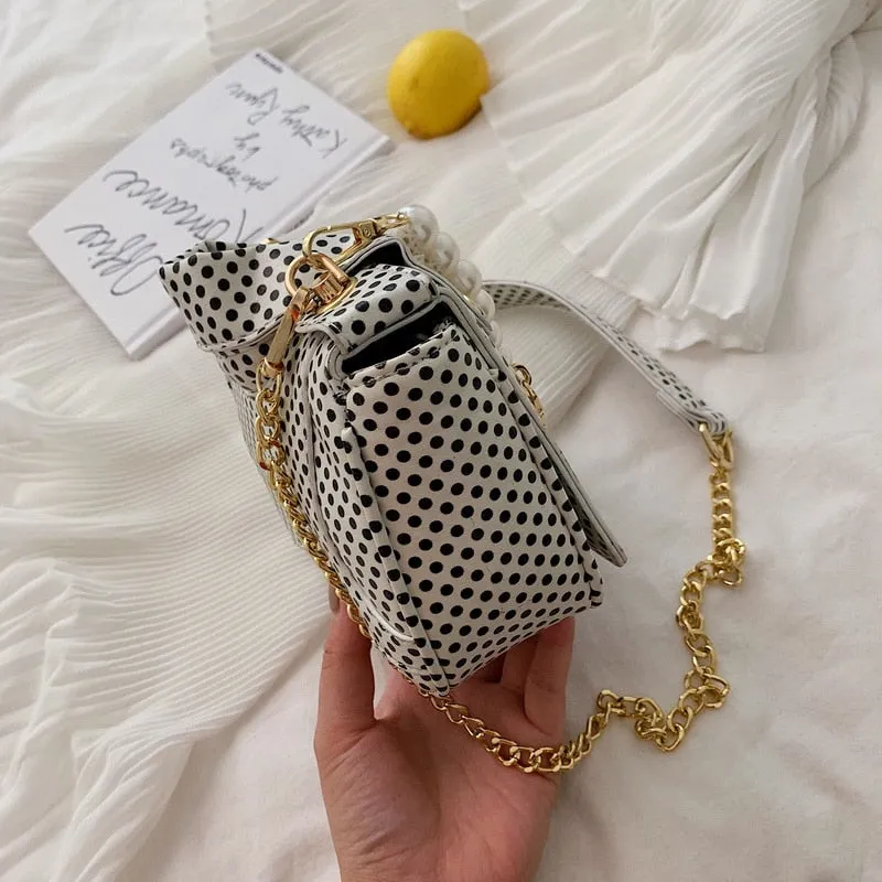 PU Leather Polka Dot & Pearls Biker Jacket Style Crossbody Handbag Womens Accessories