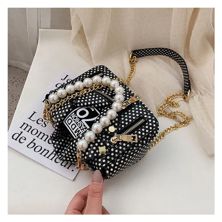 PU Leather Polka Dot & Pearls Biker Jacket Style Crossbody Handbag Womens Accessories