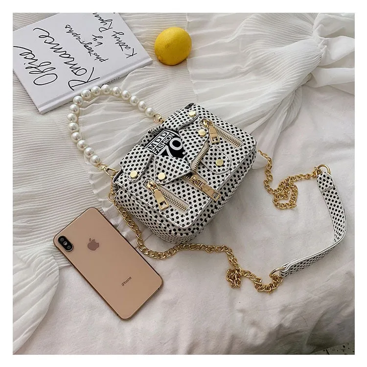 PU Leather Polka Dot & Pearls Biker Jacket Style Crossbody Handbag Womens Accessories
