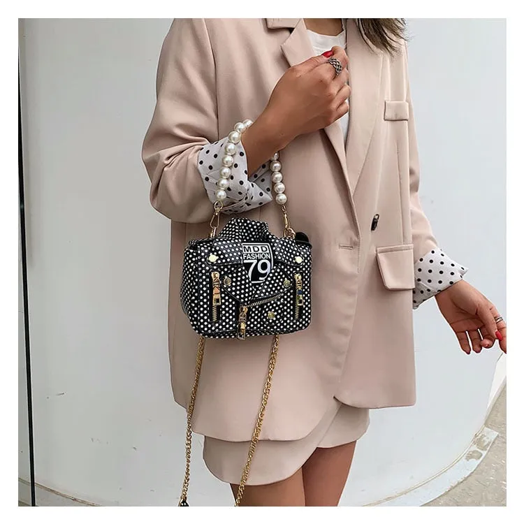 PU Leather Polka Dot & Pearls Biker Jacket Style Crossbody Handbag Womens Accessories
