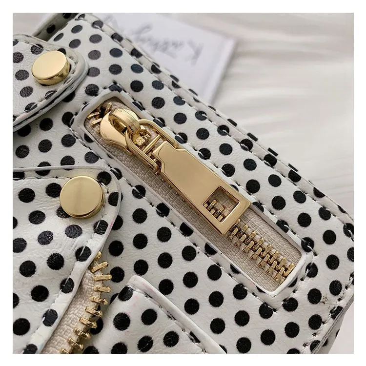 PU Leather Polka Dot & Pearls Biker Jacket Style Crossbody Handbag Womens Accessories