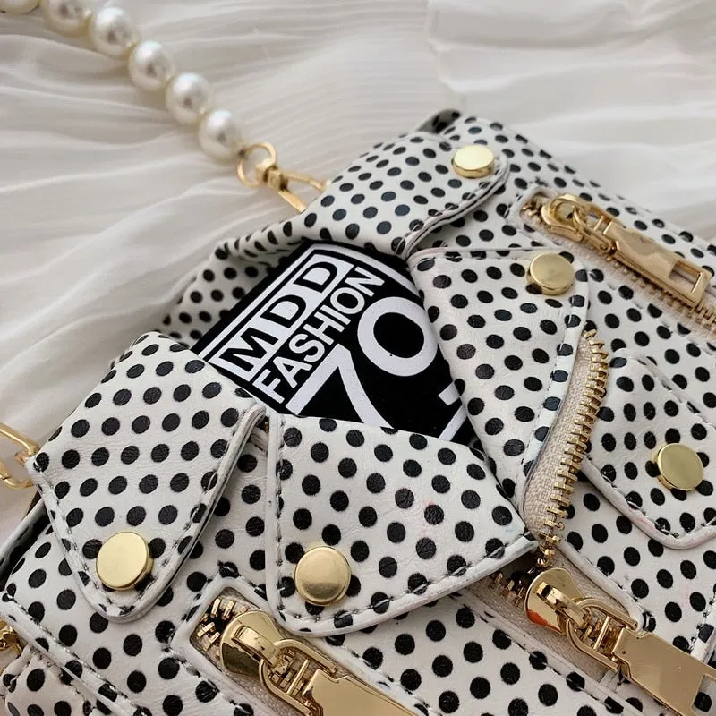 PU Leather Polka Dot & Pearls Biker Jacket Style Crossbody Handbag Womens Accessories