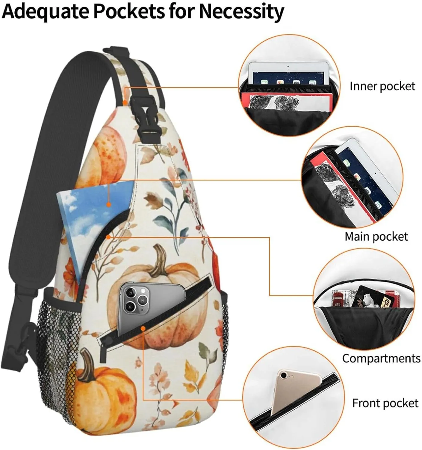 Pumpkin Print Sling Bag Crossbody Shoulder Backpack Chest Bags Gym Travel Hiking Casual Daypack